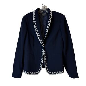 John Meyer Collection Women Navy Suit Jacket Sz 12‎ Embroidered Pearl Beads